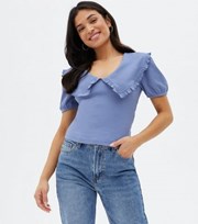 New Look Petite Pale Blue Ribbed Frill Collar Top